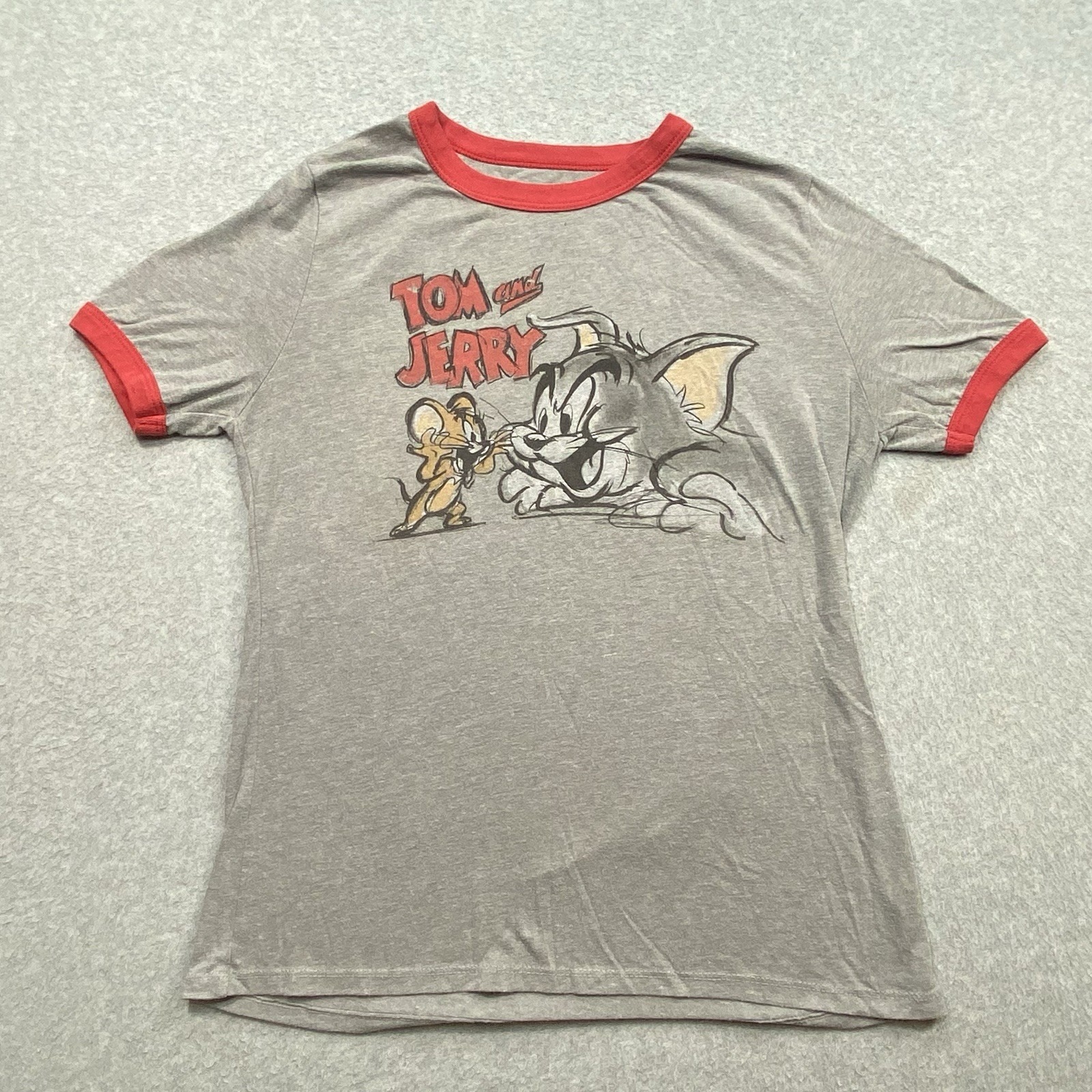 Tom And Jerry Tshirt Sz Xl Womens Gray Red Ringer Graphic Retro Cartoon 2021